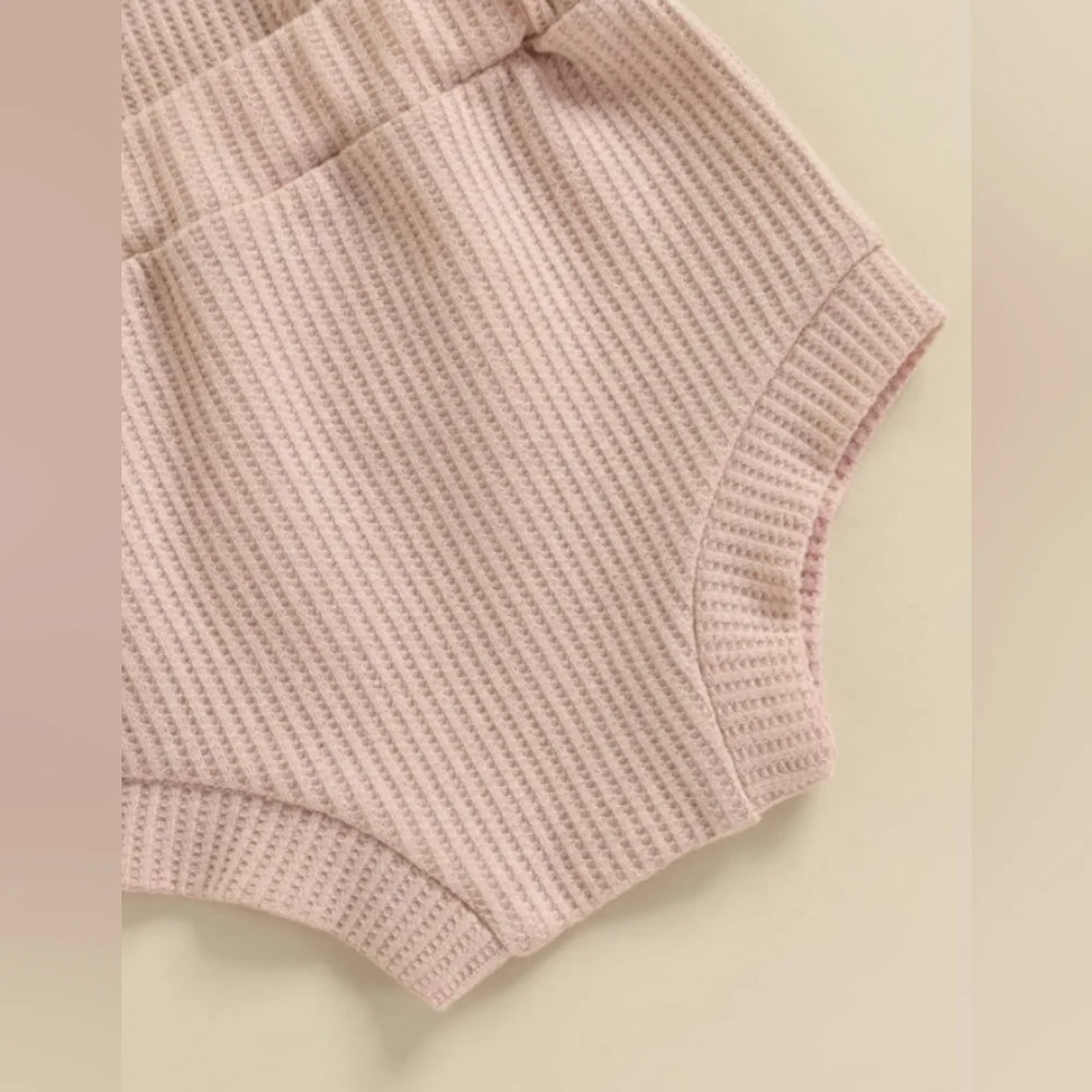 Toddler Girl Boho Waffle Knit Light Pink Sweater & High Waist Bloomer Shorts Set